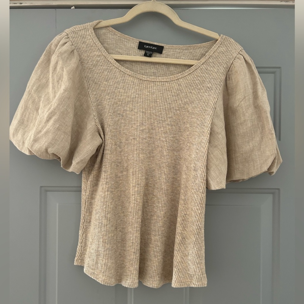Karen Kane Cream Ribbed Top with Puff Sleeves